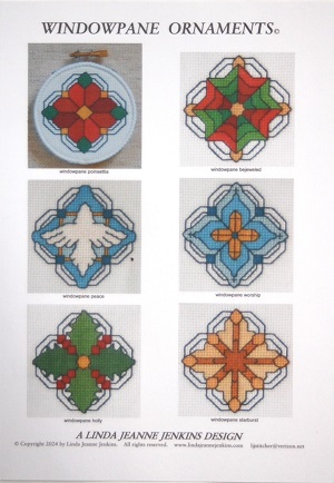 A play on stained glass windows, each of the six ornaments have a stitch count of 38 x 38 and fit a 3" wooden hoop.  Instructions and materials list for painting and finishing the hoop as pictured and covering the back with felt are included. Charts are black and white with outline stitches in blue. SRP $10.00  4pg leaflet.